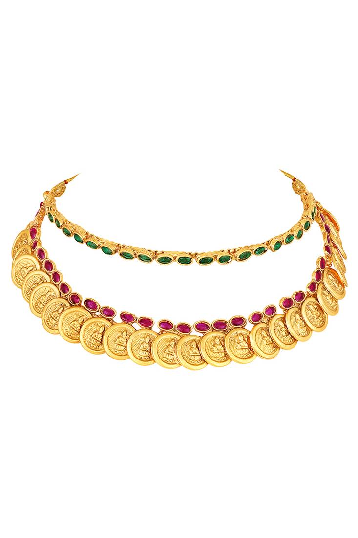 Gold plated faux ruby faux emerald studded necklace earrings set jewellery for women