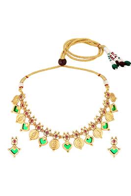 Gold plated faux ruby studded coin tassel necklace drop earring traditional jewellery set 1