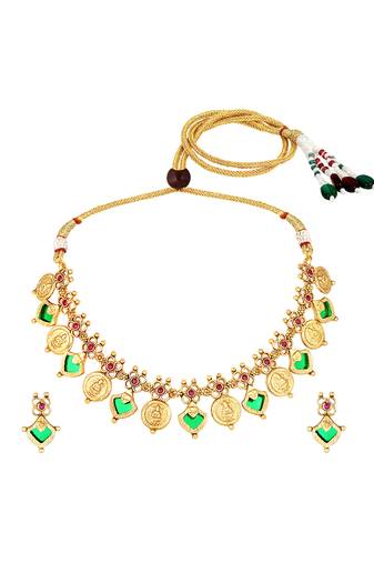 Gold plated faux ruby studded coin tassel necklace drop earring traditional jewellery set