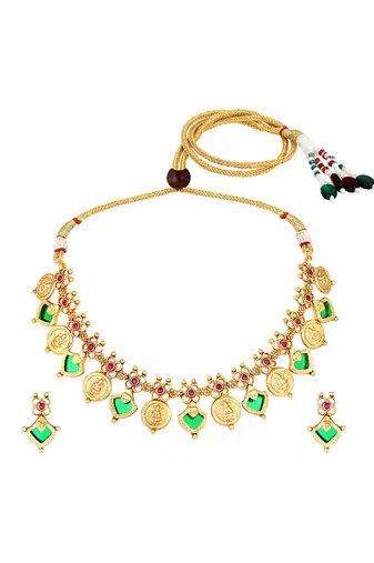 Gold plated faux ruby studded coin tassel necklace drop earring traditional jewellery set
