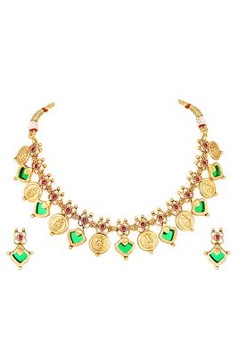 Gold plated faux ruby studded coin tassel necklace drop earring traditional jewellery set 2