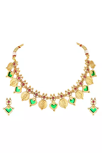 Gold plated faux ruby studded coin tassel necklace drop earring traditional jewellery set