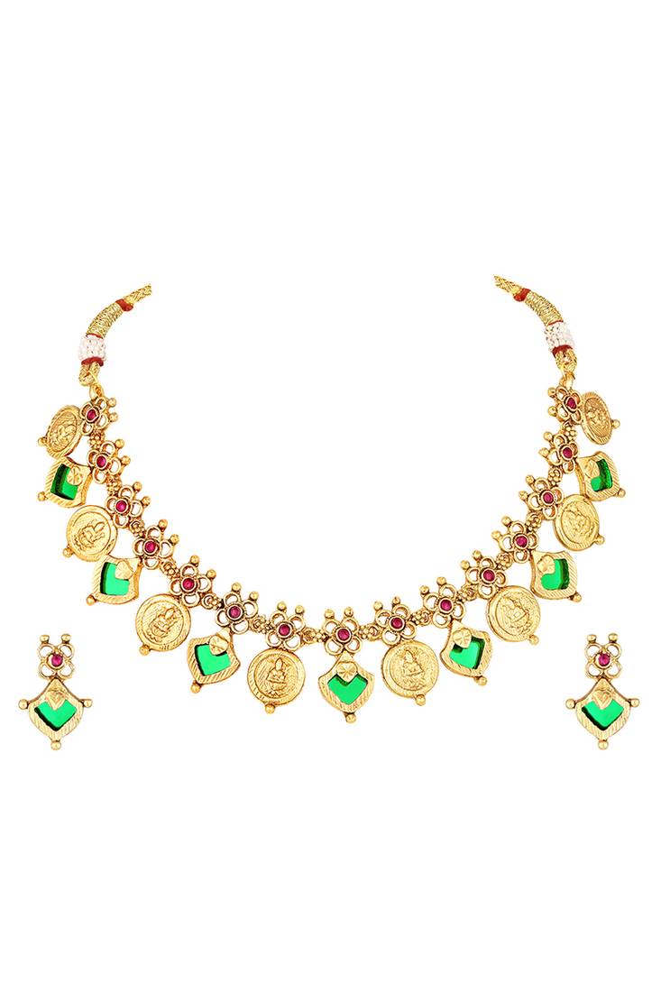 Gold plated faux ruby studded coin tassel necklace drop earring traditional jewellery set