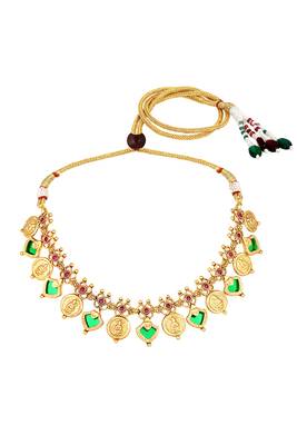 Gold plated faux ruby studded coin tassel necklace drop earring traditional jewellery set 4