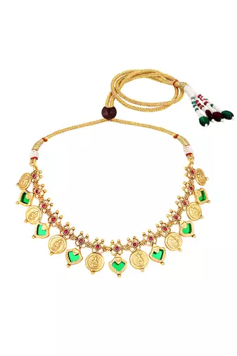 Gold plated faux ruby studded coin tassel necklace drop earring traditional jewellery set
