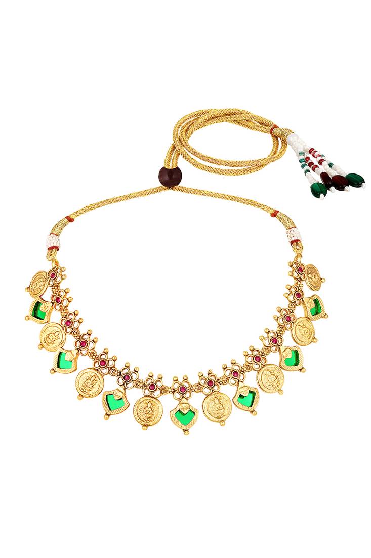Gold plated faux ruby studded coin tassel necklace drop earring traditional jewellery set