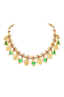 Gold plated faux ruby studded coin tassel necklace drop earring traditional jewellery set 5