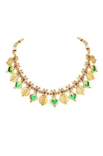 Gold plated faux ruby studded coin tassel necklace drop earring traditional jewellery set