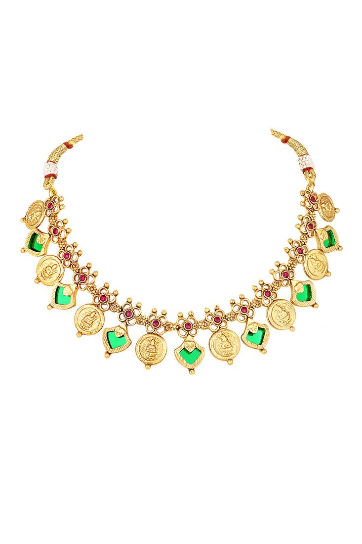 Gold plated faux ruby studded coin tassel necklace drop earring traditional jewellery set