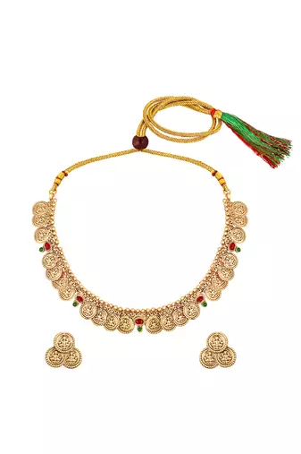 Gold plated faux ruby faux emerald studded goddess laxmi design stud earring necklace set