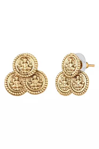 Gold plated faux ruby faux emerald studded goddess laxmi design stud earring necklace set