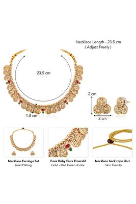 Gold plated faux ruby faux emerald studded goddess laxmi design stud earring necklace set 4