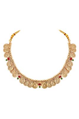 Gold plated faux ruby faux emerald studded goddess laxmi design stud earring necklace set 5