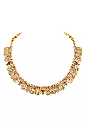Gold plated faux ruby faux emerald studded goddess laxmi design stud earring necklace set
