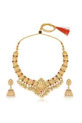 Gold plated faux kundan & beads studded necklace & jhumki earrings set ethnic jewellery 1