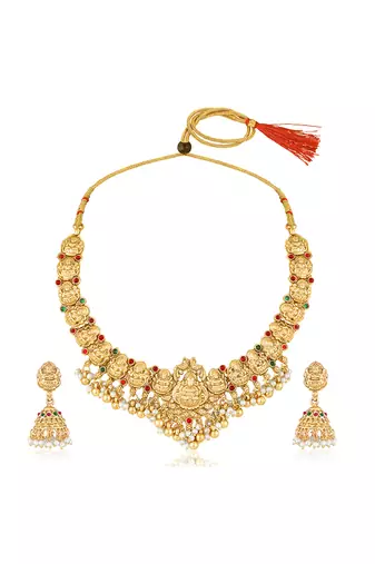 Gold plated faux kundan & beads studded necklace & jhumki earrings set ethnic jewellery