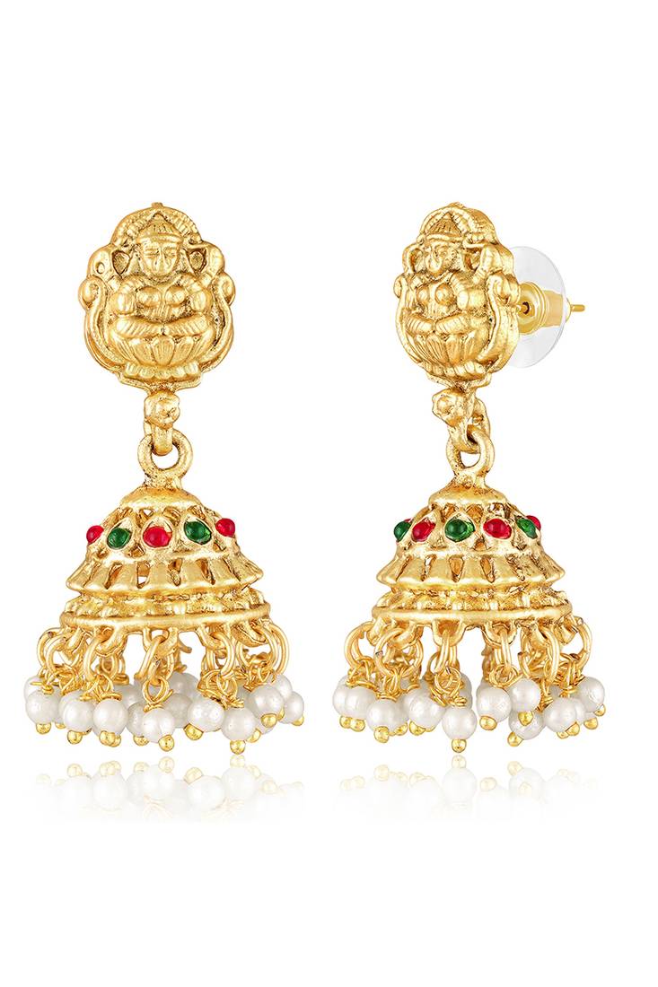 Gold plated faux kundan & beads studded necklace & jhumki earrings set ethnic jewellery