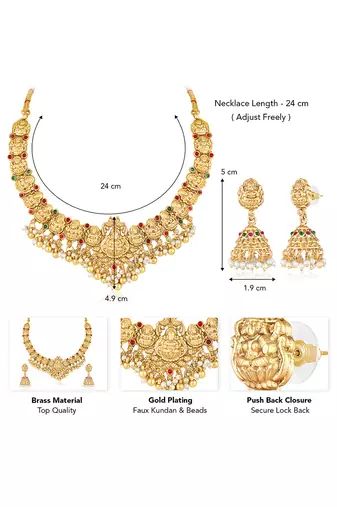 Gold plated faux kundan & beads studded necklace & jhumki earrings set ethnic jewellery