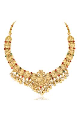 Gold plated faux kundan & beads studded necklace & jhumki earrings set ethnic jewellery 5