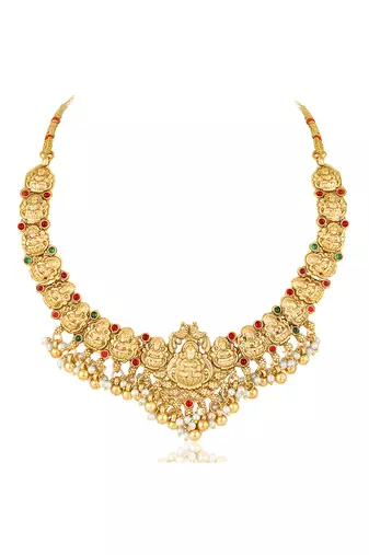 Gold plated faux kundan & beads studded necklace & jhumki earrings set ethnic jewellery