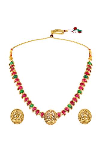 Gold plated rani pink green faux ruby faux emerald studded necklace round stud earrings set