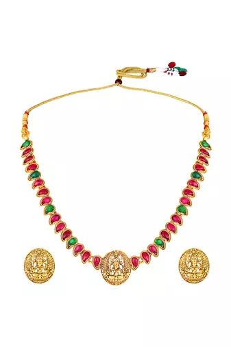 Gold plated rani pink green faux ruby faux emerald studded necklace round stud earrings set