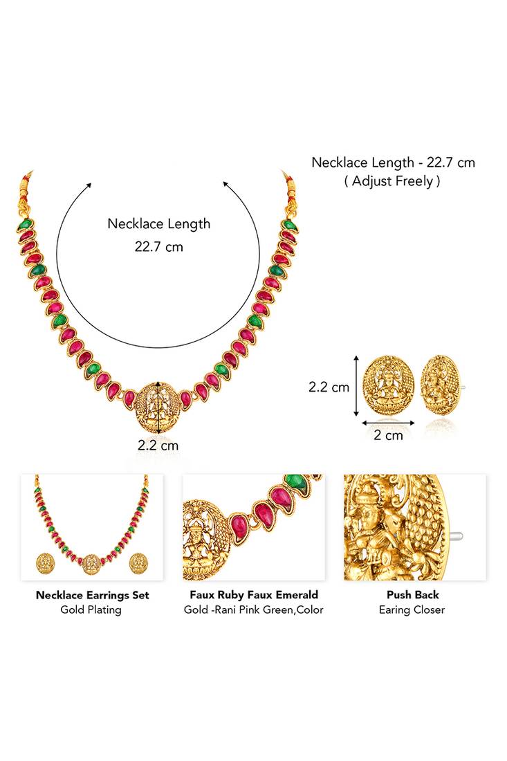 Gold plated rani pink green faux ruby faux emerald studded necklace round stud earrings set
