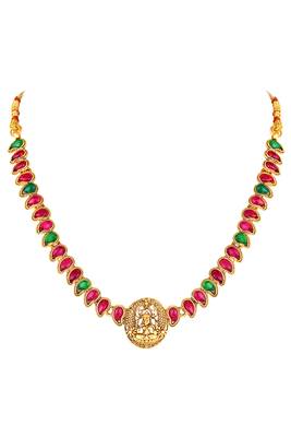 Gold plated rani pink green faux ruby faux emerald studded necklace round stud earrings set 5
