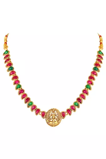 Gold plated rani pink green faux ruby faux emerald studded necklace round stud earrings set