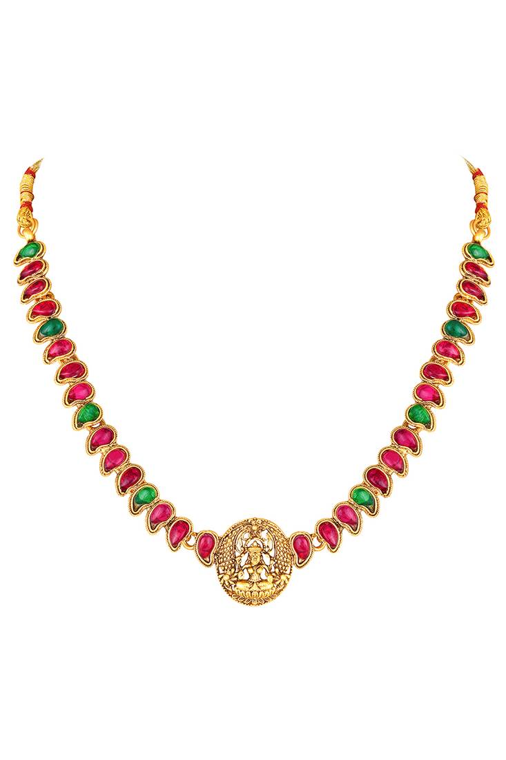 Gold plated rani pink green faux ruby faux emerald studded necklace round stud earrings set