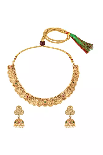 Gold plated goddness laxmi coin design necklace & jhumki earrings ethnic jewellery set