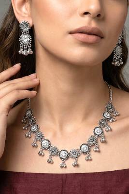 Ethnic oxidised necklace earrings set for women & girls | silver plated | crystals studded 1