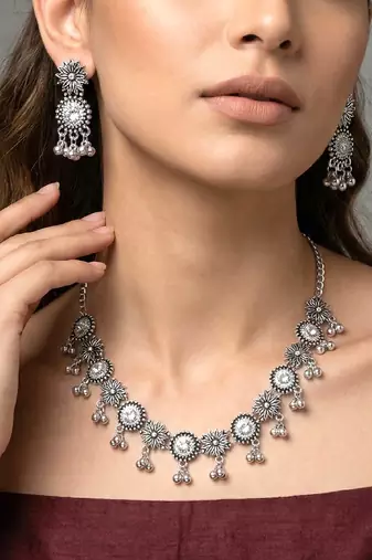 Ethnic oxidised necklace earrings set for women & girls | silver plated | crystals studded
