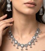 Ethnic oxidised necklace earrings set for women & girls | silver plated | crystals studded