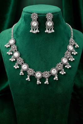 Ethnic oxidised necklace earrings set for women & girls | silver plated | crystals studded 2