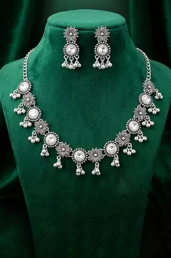 Ethnic oxidised necklace earrings set for women & girls | silver plated | crystals studded