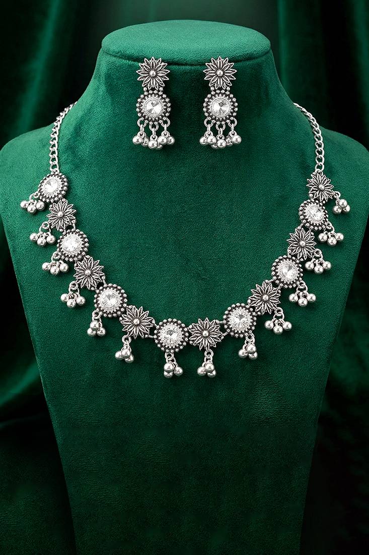 Ethnic oxidised necklace earrings set for women & girls | silver plated | crystals studded