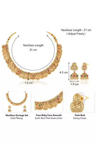 Gold plated goddness laxmi coin design necklace & jhumki earrings ethnic jewellery set
