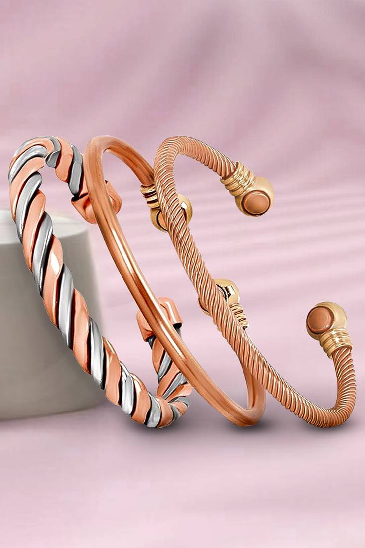 Copper cuff bracelets tibetan style hand forged with solid and high gauge kada set of 3