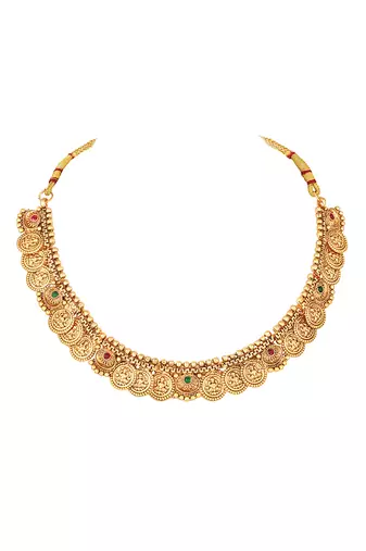 Gold plated goddness laxmi coin design necklace & jhumki earrings ethnic jewellery set