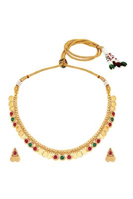 Gold plated rani pink green faux ruby faux emerald studded necklace & earrings set 1