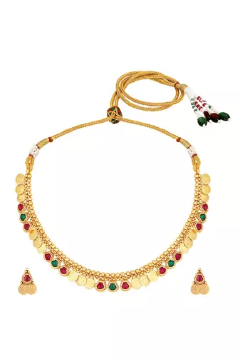Gold plated rani pink green faux ruby faux emerald studded necklace & earrings set