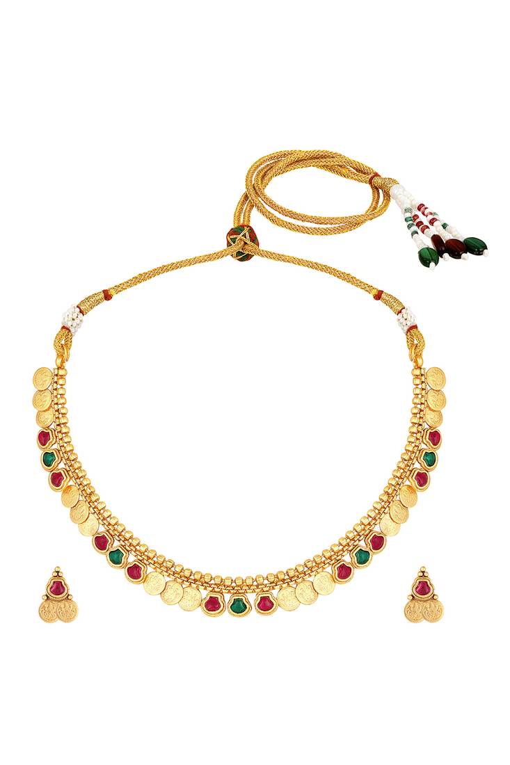 Gold plated rani pink green faux ruby faux emerald studded necklace & earrings set