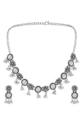 Ethnic oxidised necklace earrings set for women & girls | silver plated | crystals studded