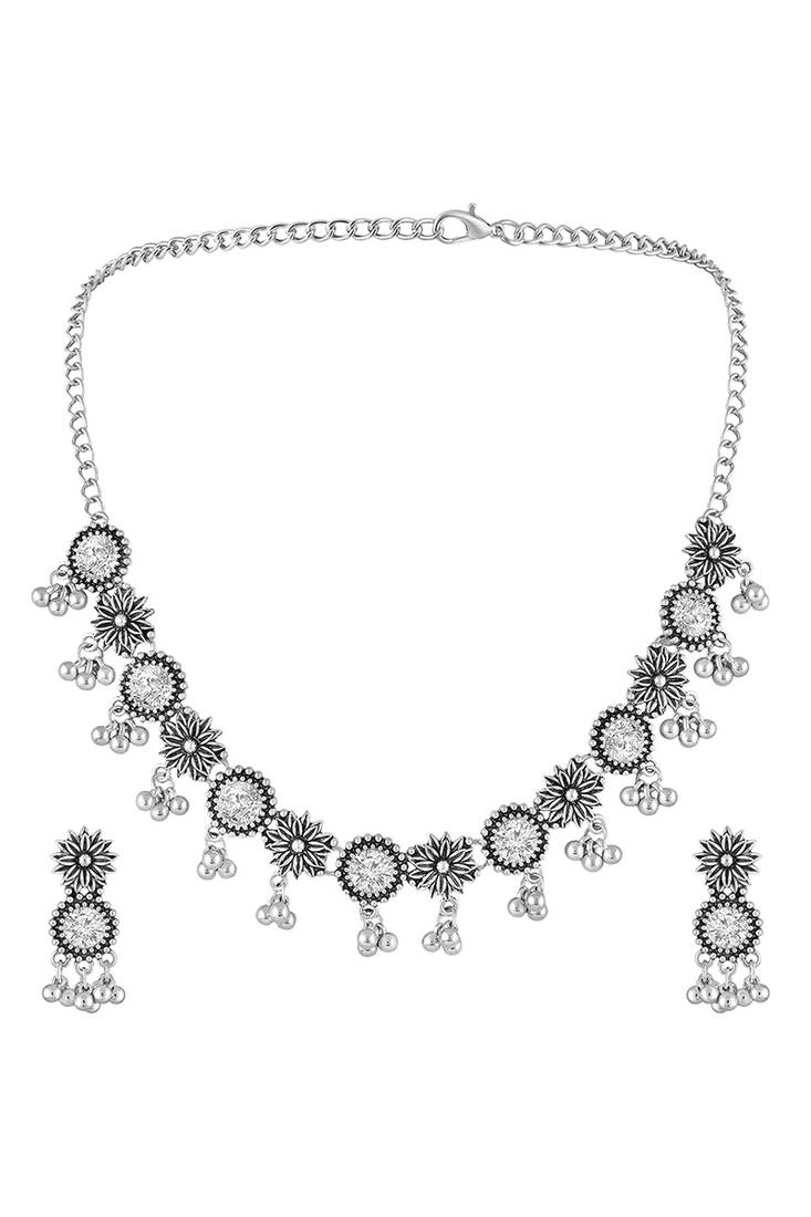 Ethnic oxidised necklace earrings set for women & girls | silver plated | crystals studded