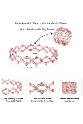Rose gold plated cubic zirconia studded fancy bracelet cum ring jewellery for women & girls 3