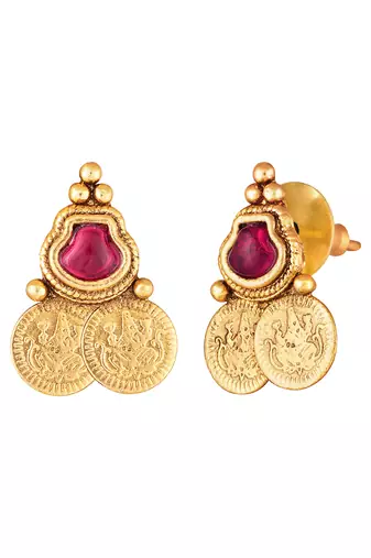 Gold plated rani pink green faux ruby faux emerald studded necklace & earrings set