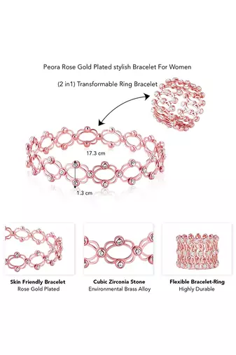 Rose gold plated cubic zirconia studded fancy bracelet cum ring jewellery for women & girls