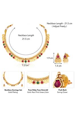 Gold plated rani pink green faux ruby faux emerald studded necklace & earrings set 3