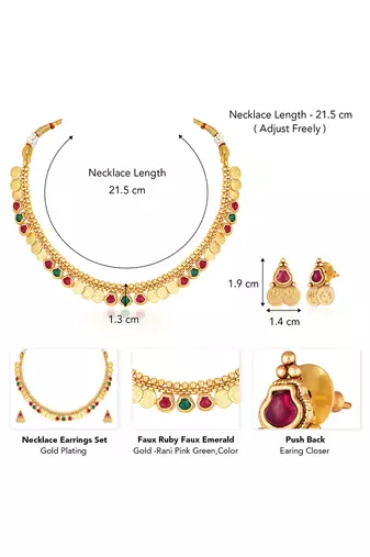 Gold plated rani pink green faux ruby faux emerald studded necklace & earrings set